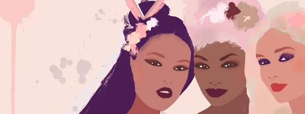 Akwarela Banner Zakładanie Makijażu Kosmetyki Afro Amerykańska Dziewczyna Dużymi Włosami — Zdjęcie stockowe