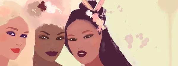 Akwarela Banner Zakładanie Makijażu Kosmetyki Afro Amerykańska Dziewczyna Dużymi Włosami — Zdjęcie stockowe