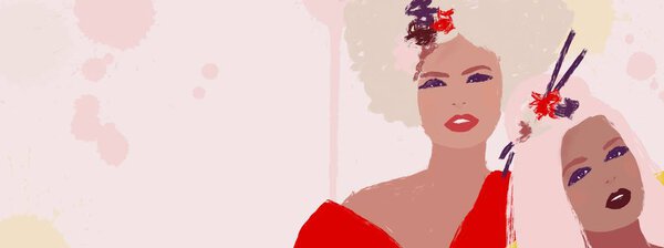 Баннер акварельной живописи нанесения макияжа и косметики. Афроамериканка с большими афроволосами азиатка и кавказка. Бирацевые друзья с палочками для еды и цветами в волосах. Лицо близко.
.