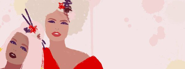 Баннер акварельной живописи нанесения макияжа и косметики. Афроамериканка с большими афроволосами азиатка и кавказка. Бирацевые друзья с палочками для еды и цветами в волосах. Лицо близко.
.