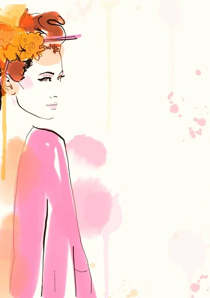 Картина Гейши Иллюстрация Акварелью Палочками Еды Цветами Волосах Кимоно — стоковое фото