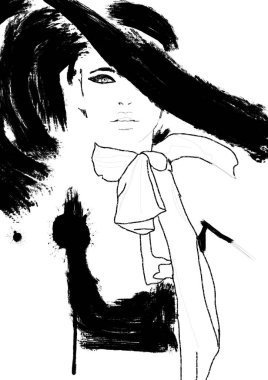 Eskiz modası. Güzel model soyut basit siyah beyaz boyama. Haute couture Klasik kadın. Dumanlı gözleri ile sevimli kız Moda illüstrasyon. 