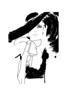 Eskiz modası. Güzel model soyut basit siyah beyaz boyama. Haute couture Klasik kadın. Dumanlı gözleri ile sevimli kız Moda illüstrasyon. 