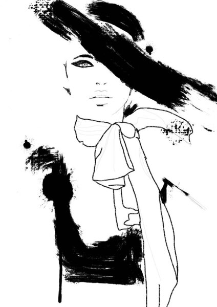 Sketch fashion.Abstract simple black and white painting of beautiful model. Haute couture Classic woman. Fashion illustration of cute girl with smokey eyes. 