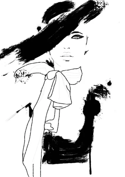 Eskiz modası. Güzel model soyut basit siyah beyaz boyama. Haute couture Klasik kadın. Dumanlı gözleri ile sevimli kız Moda illüstrasyon. 