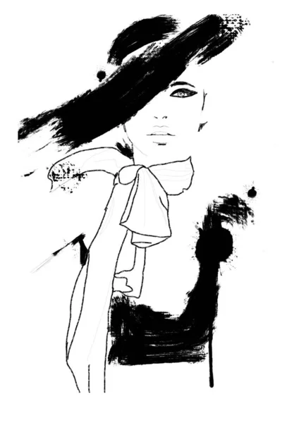 Skizze Fashion Abstract Einfache Schwarz Weiß Malerei Von Schönen Modell — Stockfoto