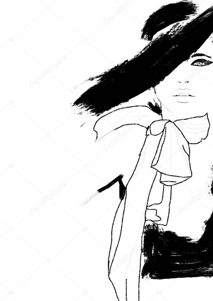 Sketch fashion.Abstract simple black and white painting of beautiful model. Haute couture Classic woman. Fashion illustration of cute girl with smokey eyes. 