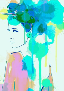 moda sanatı. asyalı kadın suluboya boyama