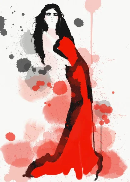 Fashion Art Asian Woman Watercolor Painting — Stock Photo, Image