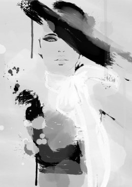 Alışveriş haute couture kadın moda sanat boyama, soyut siyah ve beyaz