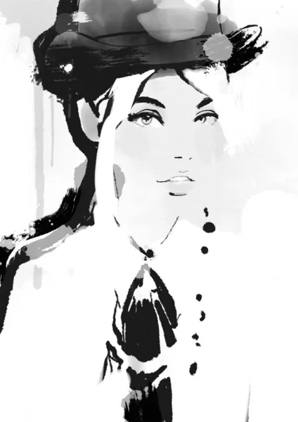 Bianco Nero Moda Illustrazione Donna — Foto Stock