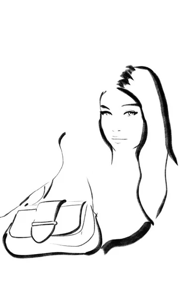 时尚插图黑白 时尚素描 抽象绘画 时尚背景 烟熏眼脸 大画笔笔触 女人剪影 时尚印花 — 图库照片