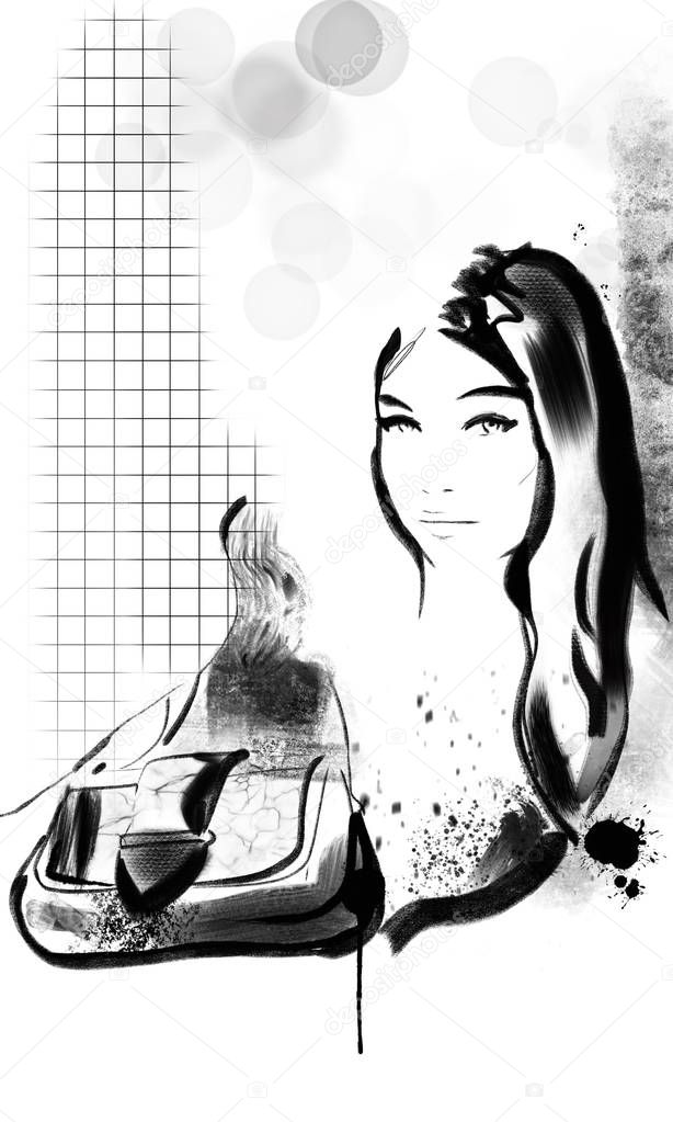 fashion illustration black and white. Fashion sketch. Abstract painting Woman. Fashion background. Smokey eye face. Big brush strokes. Woman Silhouette. Fashion print 