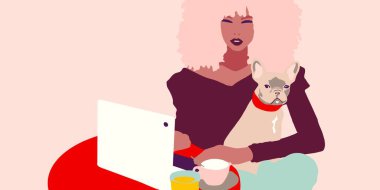 Siyah kız yaşam tarzı illüstrasyonu. Afrikalı Amerikalı kadın mutlu.