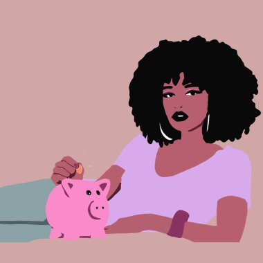 Kumbarası ve parası olan siyah bir kadın.