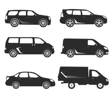 Araç Türü ve Model Nesneleri simgeleri ayarlayın. Vektör siyah illüstrasyon beyaz arka plan üzerinde izole. Web için otomobil gövde silueti çeşitleri.