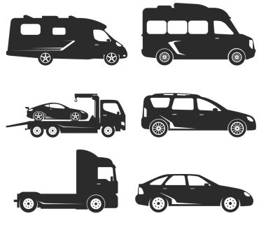 Düz araba simgeleri, 6 farklı otomatik, yan görünüm, siyah beyaz vektör illüstrasyon