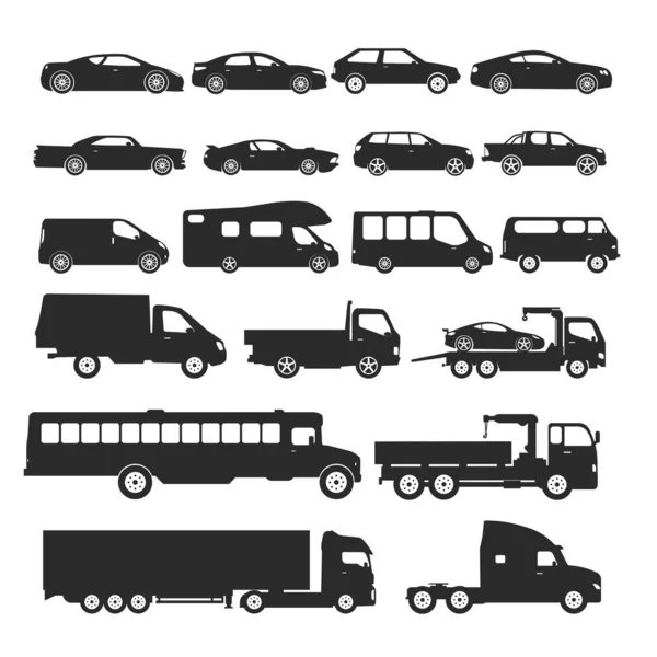 Conjunto Iconos Tipo Coche Ilustración Vectorial Negro Aislada Sobre Fondo — Vector de stock