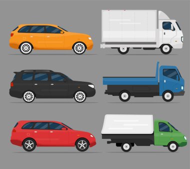 Bir sürü farklı model araba. Vektör düz biçim illüstrasyonu