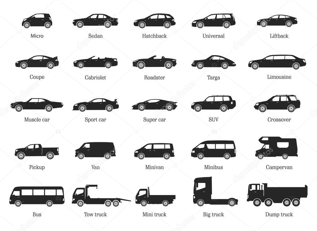 Car Type and Model Objects icons Set .Vector black illustration isolated on white background. Variants of automobile body silhouette for web.