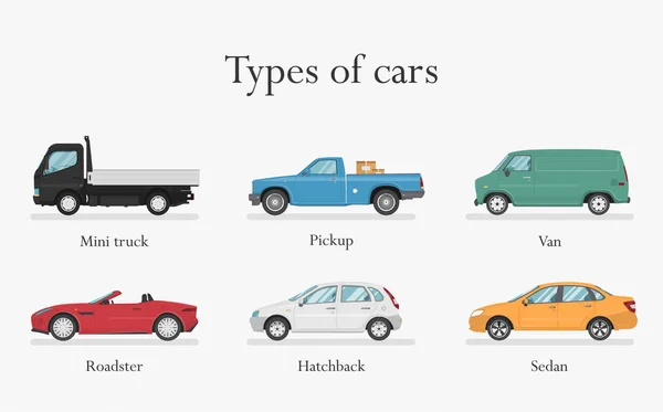 Tipos Carros Projeto Transporte Sobre Fundo Branco Ilustração Vetorial Conjunto —  Vetores de Stock