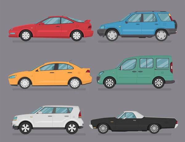 Colorido Juego Coches Kit Iconos Auto Aislado Vista Lateral Coche — Vector de stock