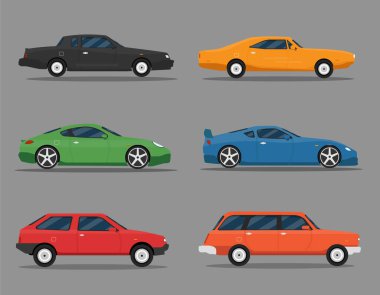 Arabaların türleri. Taşıyıcı tasarımı beyaz arkaplan üzerinde, vektör illüstrasyonu. Koleksiyon arabası simgesi seti. Araba Simgesi Vektör Logo Şablonu. Düz stil. Yan görünüm, profil.
