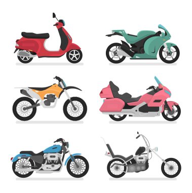 Motosiklet Simgesi Vektör Logo Şablonu. Yan görüş, profil. Düz çizgi film biçimi. 