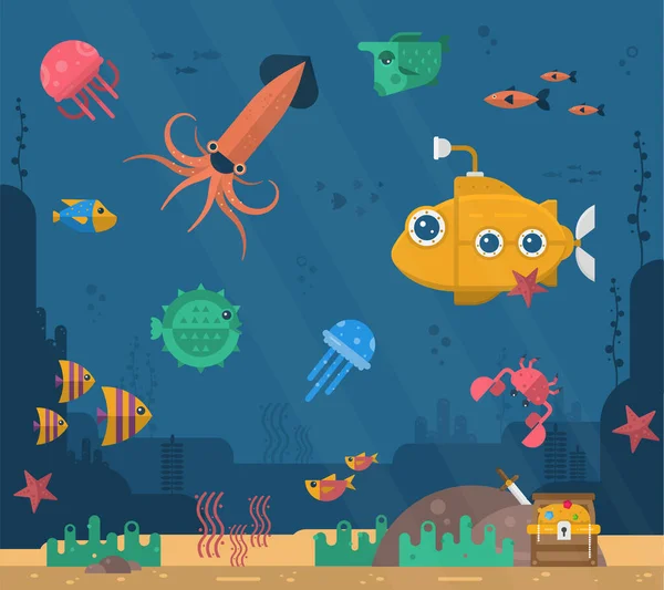 Підводний Фон Різними Видами Море Підводна Сцена Милі Морські Риби — стоковий вектор