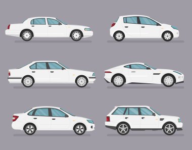 Bir grup izole araba. 4x4, iş arabası, klasik araba. Düz illüstrasyon, grafik ve web tasarımı simgesi