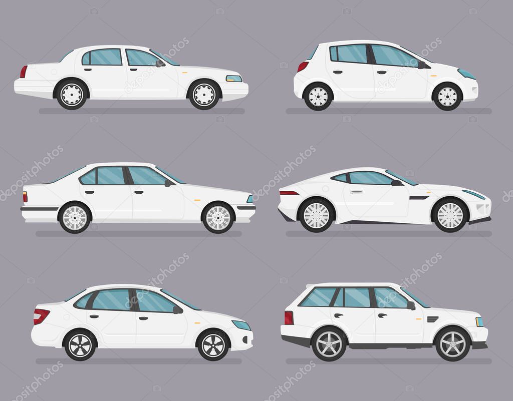 Set of isolated cars. 4x4, business auto, vintage car. Flat illustration, icon for graphic and web design