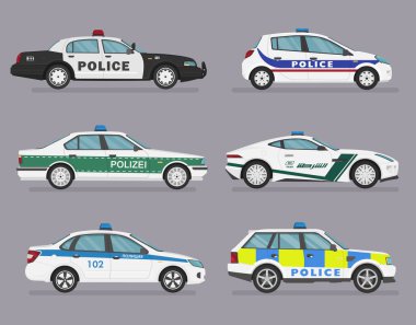 İzole polis arabaları. 4x4, sedan, hatchback, spor araba. Düz çizim, grafik ve web tasarımı ikonu. Gri arkaplanda yan görünüm.