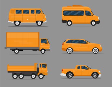Bir grup izole araba. 4x4, iş arabası, klasik araba. Düz illüstrasyon, grafik ve web tasarımı simgesi