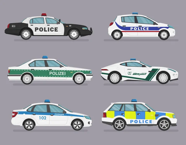 İzole polis arabaları. 4x4, sedan, hatchback, spor araba. Düz çizim, grafik ve web tasarımı ikonu. Gri arkaplanda yan görünüm.