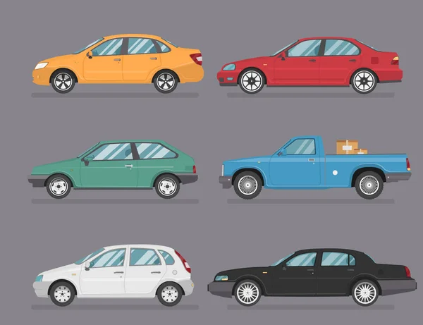 Szczegółowa Ilustracja Sześciu Kolorowych Samochodów Płaskim Stylu Zestaw Ikon Samochodowych — Wektor stockowy