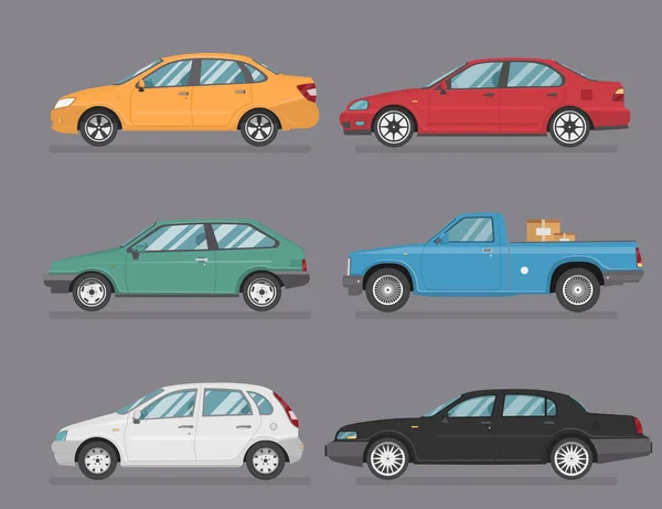 Ilustração Detalhada Seis Carros Coloridos Estilo Plano Conjunto Ícone Carro — Vetor de Stock