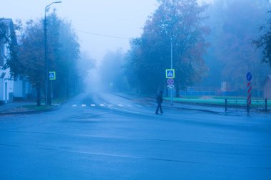Yoldan geçen tek kişi sisli bir sabahın erken saatlerinde yaya geçidinden geçer.