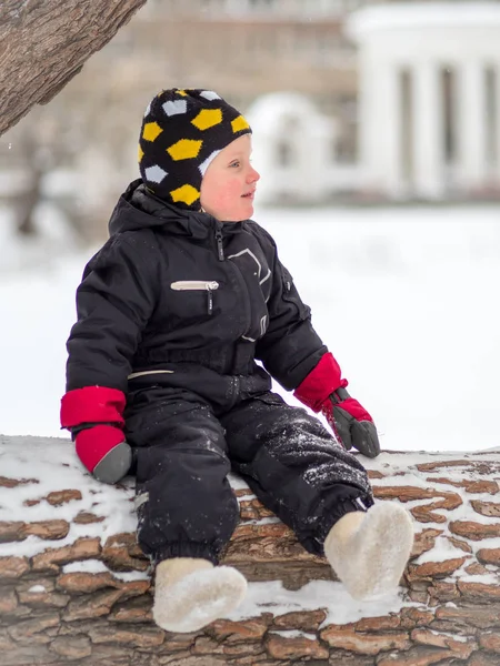 Bambino Con Gli Stivali Feltro Siede Grande Albero Caduto Inverno — Foto Stock