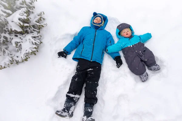 两个8岁和0岁的男孩躺在云杉附近一片干净的白色雪堆里 复制空间背景 — 图库照片
