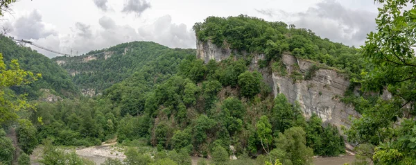 在多云的日子里 天桥吊桥在悬崖和河流上的峡谷上 周围是绿色森林全景 — 图库照片