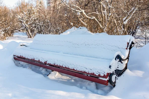 Banc Vide Dans Parc Hiver Rempli Neige Blanche Fraîche Copier — Photo