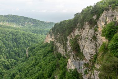 Dağ bir dik kayalık yamaç ve vadi yeşil orman aşağıda kalın. Konut ve deniz uzaktan görülebilir