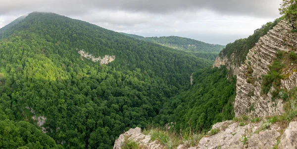 Dağ bir dik kayalık yamaç ve vadi yeşil orman aşağıda kalın. Konut ve deniz uzaktan görülebilir