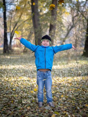 mutlu çocuk atar yaprakları sonbaharda Park