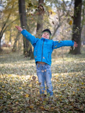 mutlu çocuk atar yaprakları sonbaharda Park