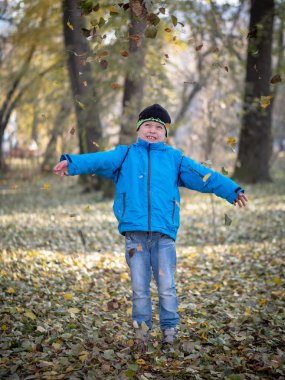 mutlu çocuk atar yaprakları sonbaharda Park