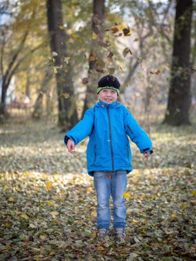 mutlu çocuk atar yaprakları sonbaharda Park