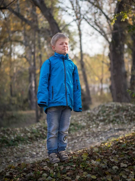Ένα 7-year-old αγόρι έκλεισε τα μάτια του από τον ήλιο σε ένα φθινοπωρινό πάρκο — Φωτογραφία Αρχείου