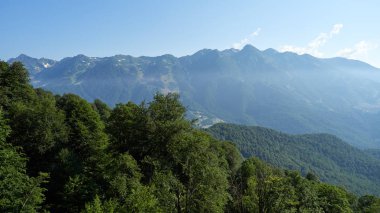 Dağ silsilesi ile bir açık yaz günü yeşil yamaçlarında