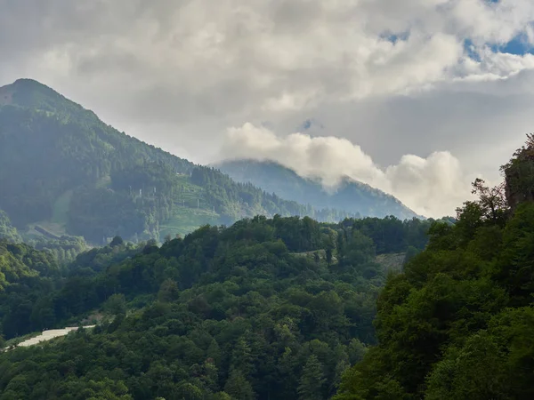 Pendientes verdes de montaña en el verano en las nubes . — Foto de Stock